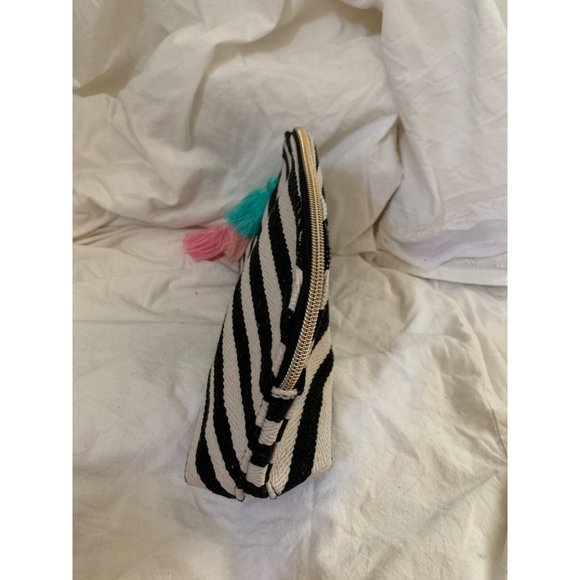 Ecru Cosmetic Essentials Clutch Bag Black Striped Tassels Top Zip Pastel Tassels - Picture 4 of 6